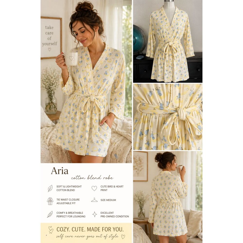 Aria Birds Polka Dot print 3/4 Sleeve Jersey Knit Short Robe MEDIUM Yellow Tie